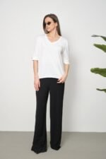 İnce Triko Kol Düğme Detay V Yaka T-Shirt - Görsel 3