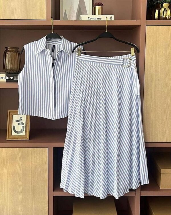 Kemer Detaylı Çizgili Gömlek Etek Takım - Görsel 4