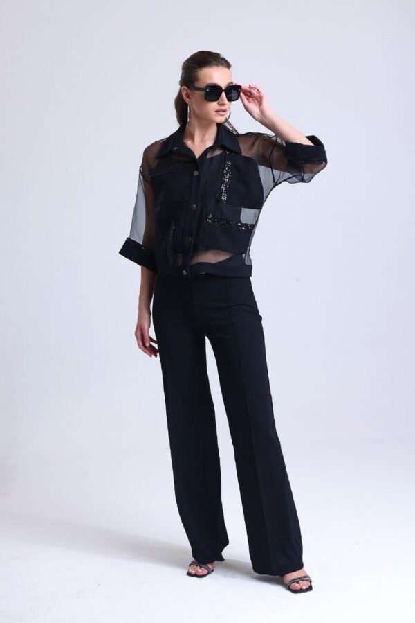 Pul Payet Transparan Organze Siyah Gömlek ve Askılı Bluz - Görsel 2