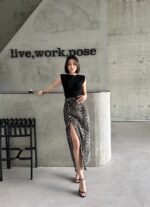 Önü Düğmeli Leopar Desenli Maxi Boy Etek