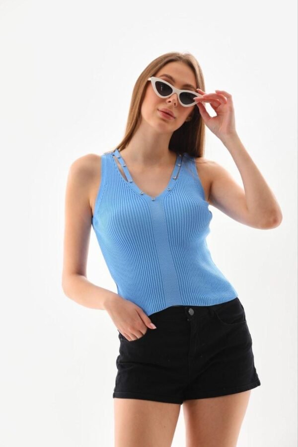 İp Askılı Taş İşlemeli Yazlık Triko Bluz - Görsel 3