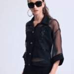 Pul Payet Transparan Organze Siyah Gömlek ve Askılı Bluz