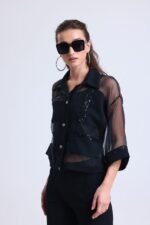 Pul Payet Transparan Organze Siyah Gömlek ve Askılı Bluz