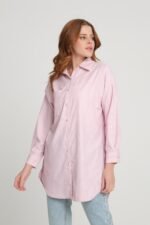 Tek Cepli Çizgili Cotton Uzun Gömlek - Görsel 3