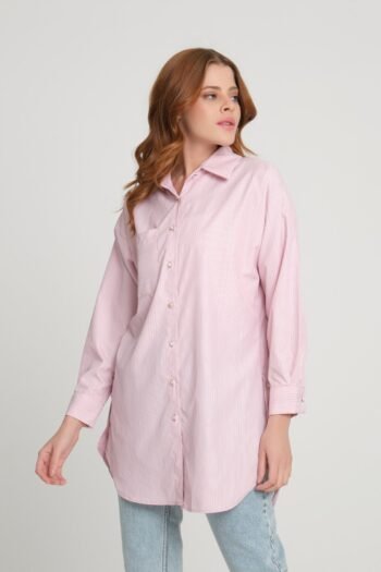 Tek Cepli Çizgili Cotton Uzun Gömlek