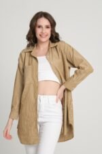 Tek Cepli Çizgili Cotton Uzun Gömlek - Görsel 2