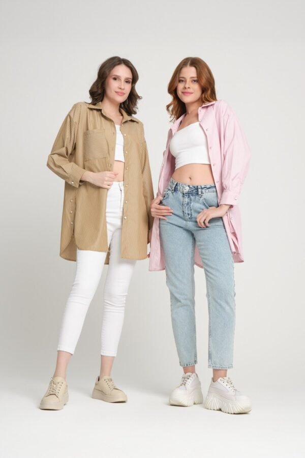 Tek Cepli Çizgili Cotton Uzun Gömlek - Görsel 4