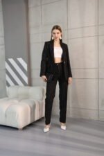 Çizgili Krep Blazer Ceket Pantolon Takım - Görsel 2