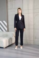 Çizgili Krep Blazer Ceket Pantolon Takım - Görsel 3