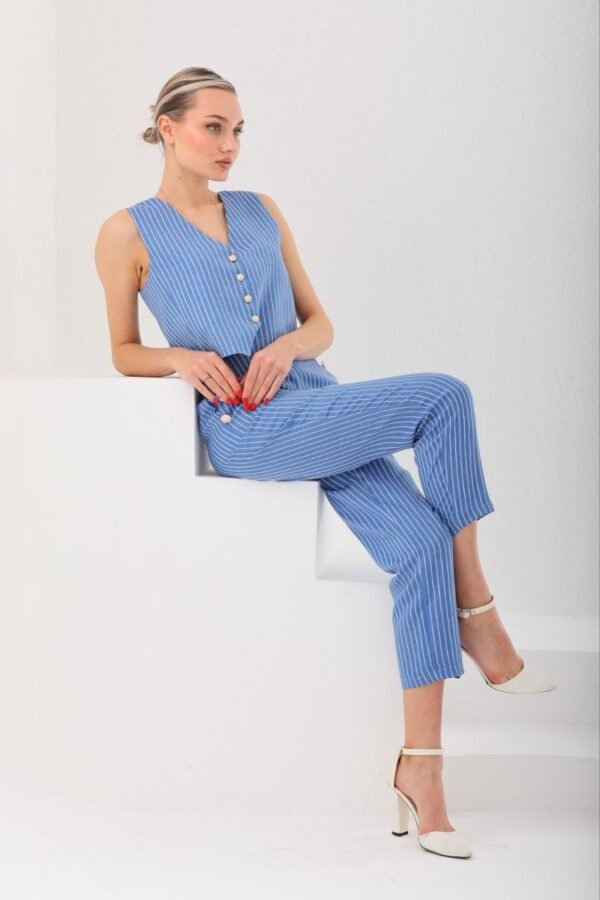 Çizgili Cotton Yelek Pantolon Takım - Görsel 2