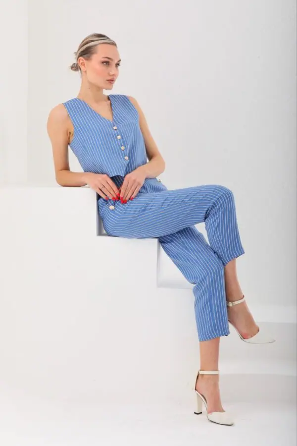 Çizgili Cotton Yelek Pantolon Takım - Görsel 3