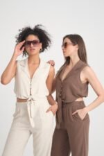 Keten Bağlamalı Yelek ve Pantolon Takım