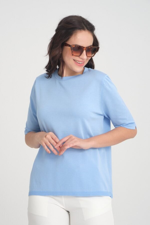 Kısa Kollu Bisiklet Yaka Basic Triko Bluz - Görsel 2