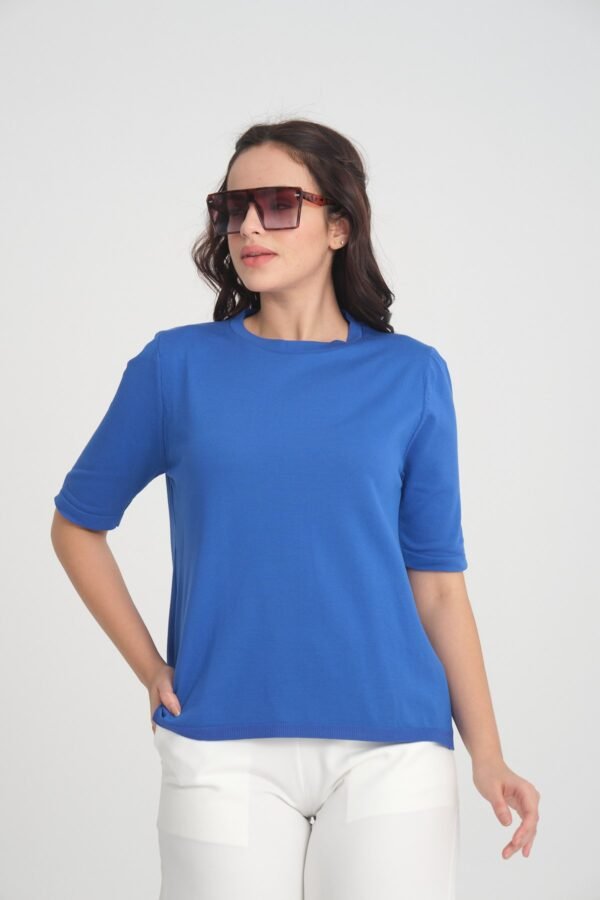 Kısa Kollu Bisiklet Yaka Basic Triko Bluz - Görsel 3