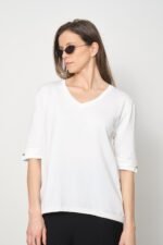 İnce Triko Kol Düğme Detay V Yaka T-Shirt - Görsel 2