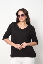 İnce Triko Kol Düğme Detay V Yaka T-Shirt - Görsel 4