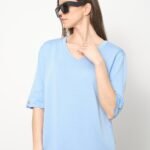 İnce Triko Kol Düğme Detay V Yaka T-Shirt