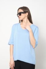 İnce Triko Kol Düğme Detay V Yaka T-Shirt - Görsel 5