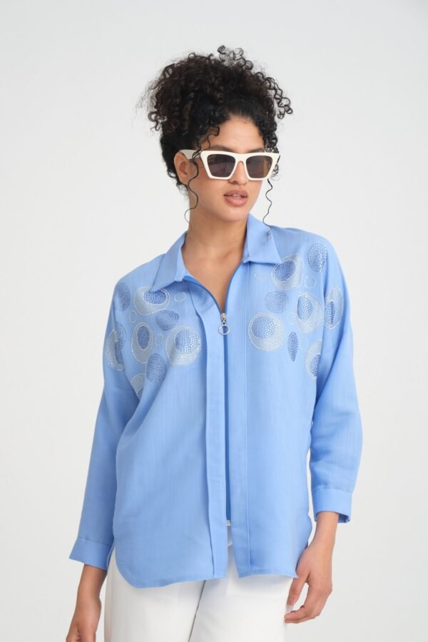 Taş İşlemeli Fermuarlı Keten Gömlek - Görsel 3