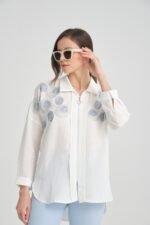 Taş İşlemeli Fermuarlı Keten Gömlek