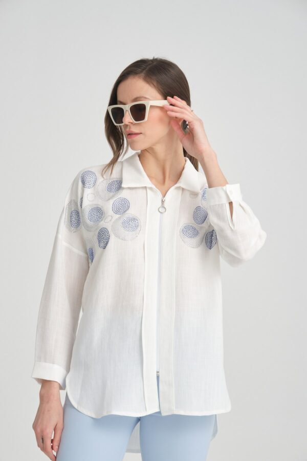 Taş İşlemeli Fermuarlı Keten Gömlek - Görsel 3