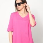 İnce Triko Kol Düğme Detay V Yaka T-Shirt