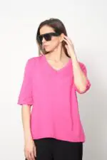 İnce Triko Kol Düğme Detay V Yaka T-Shirt - Görsel 3