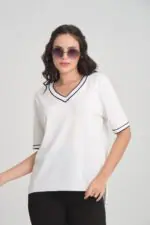 İnce Triko V Yaka Şeritli T-Shirt - Görsel 5