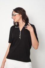 Polo Yaka Düğmeli İnce Triko T-Shirt - Görsel 2