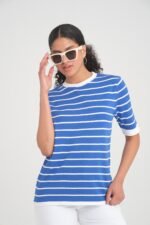 Bisiklet Yaka Çizgili Yazlık Triko T-Shirt