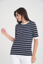 Bisiklet Yaka Çizgili Yazlık Triko T-Shirt - Görsel 2