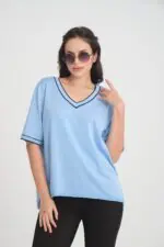 İnce Triko V Yaka Şeritli T-Shirt - Görsel 4