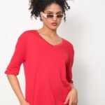 İnce Triko Kol Düğme Detay V Yaka T-Shirt