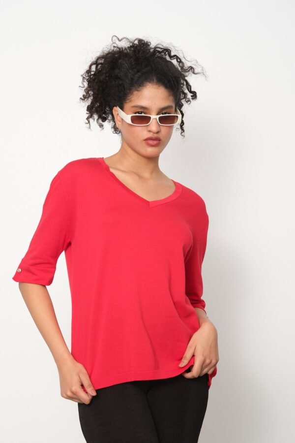 İnce Triko Kol Düğme Detay V Yaka T-Shirt - Görsel 3