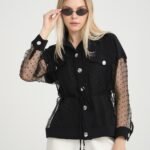 Puantiyeli Tül Detaylı Düğmeli Siyah Gömlek ve Askılı Bluz