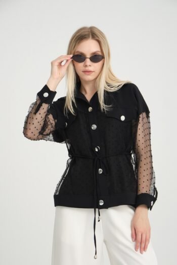 Puantiyeli Tül Detaylı Düğmeli Siyah Gömlek ve Askılı Bluz