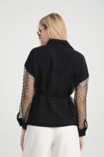 Puantiyeli Tül Detaylı Düğmeli Siyah Gömlek ve Askılı Bluz - Görsel 3