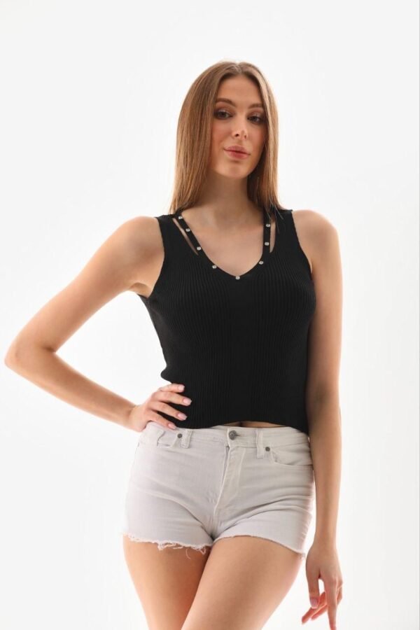 İp Askılı Taş İşlemeli Yazlık Triko Bluz - Görsel 3