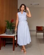 Kemer Detaylı Çizgili Gömlek Etek Takım