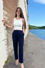 Double Yüksek Bel Dar Paça Lacivert Pantolon