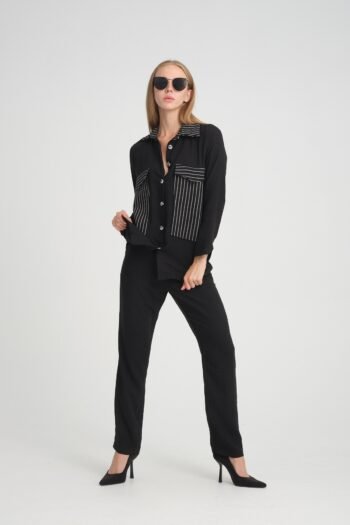 Cep ve Yaka Çizgi Detaylı Keten Gömlek Pantolon Takım