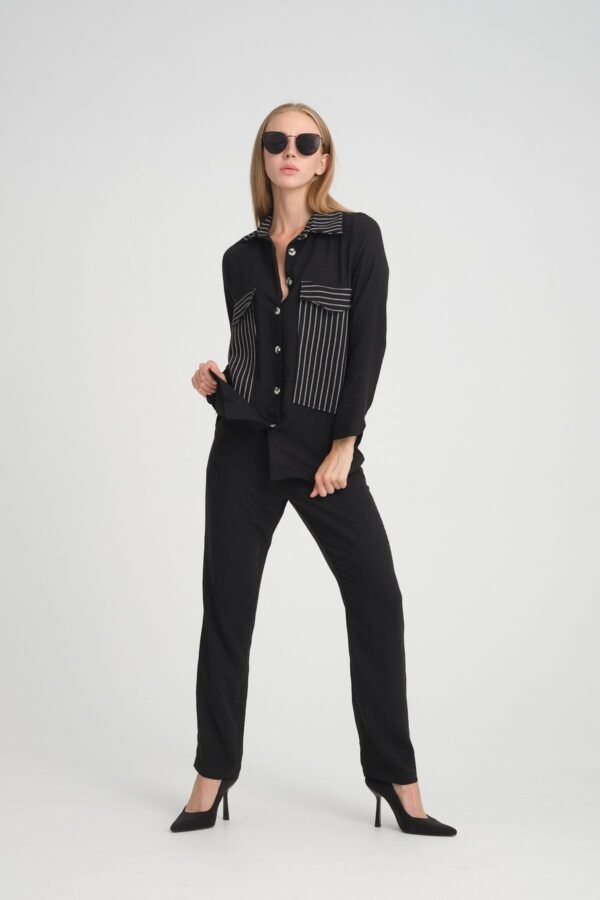 Cep ve Yaka Çizgi Detaylı Keten Gömlek Pantolon Takım - Görsel 3