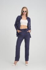 Cep ve Yaka Çizgi Detaylı Keten Gömlek Pantolon Takım - Görsel 2