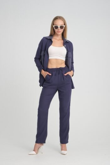 Cep ve Yaka Çizgi Detaylı Keten Gömlek Pantolon Takım