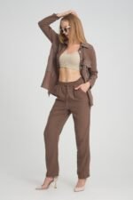 Cep ve Yaka Çizgi Detaylı Keten Gömlek Pantolon Takım