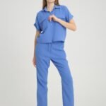 Keten Cep Detay Mavi Gömlek Pantolon Takım