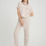 Keten Cep Detay Bej Gömlek Pantolon Takım