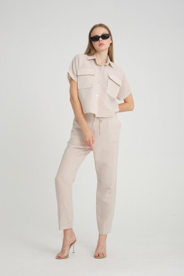 Keten Cep Detay Pembe Gömlek Pantolon Takım - Görsel 4