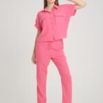 Keten Cep Detay Pembe Gömlek Pantolon Takım