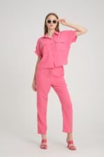 Keten Cep Detay Pembe Gömlek Pantolon Takım